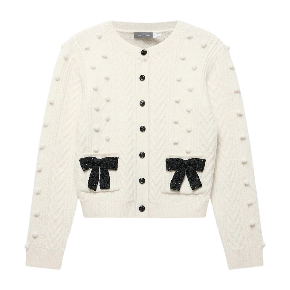 Mint Velvet Cream Bow Detail Wool Blend Cardigan